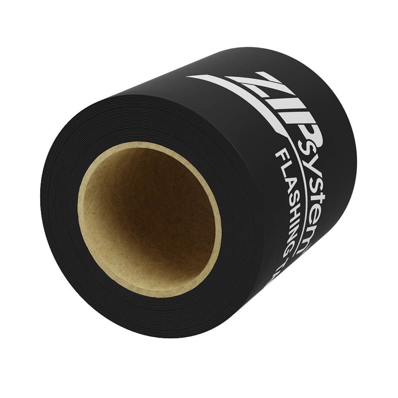 A black roll of Go Build, The Fastest Way To Build 3-3/4 in. x 90 ft. Flashing Seam Tape with white branding is shown at an angle, revealing its hollow cardboard center.